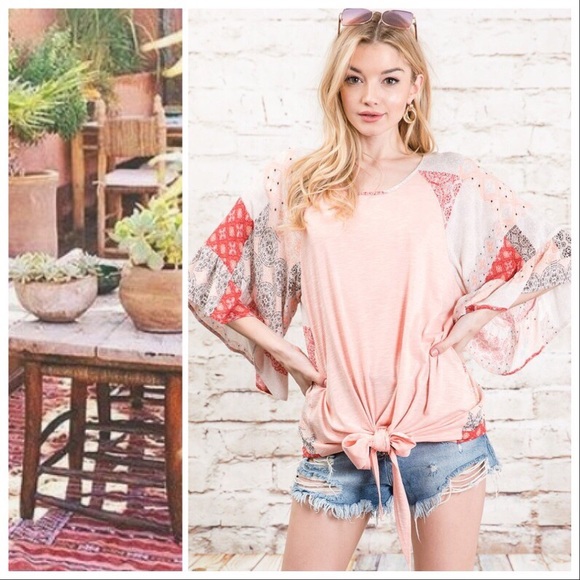 Abigail Boho Patchwork Tie Front Draped Top - Picture 6 of 8